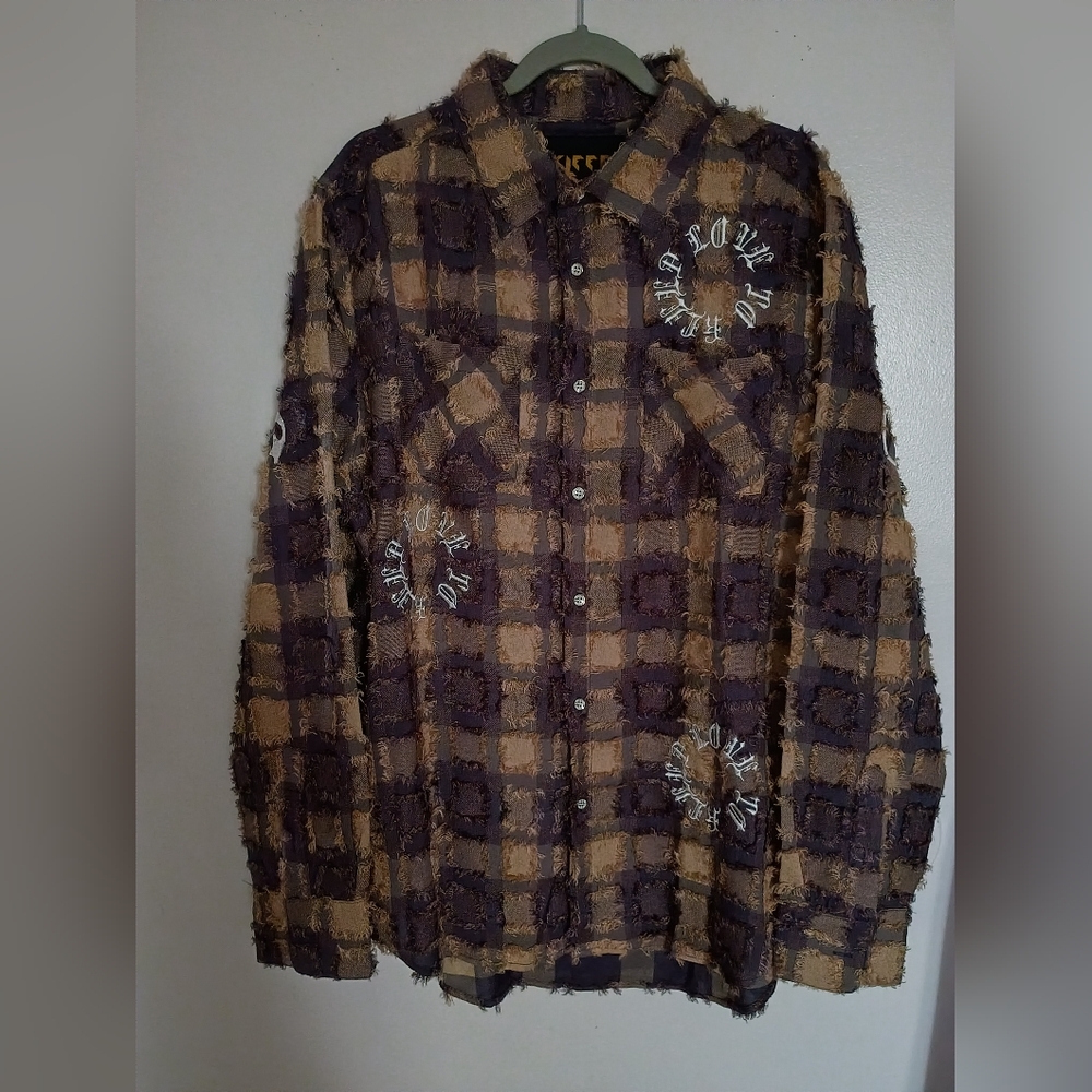 Kleep Men's Frayed Patchwork Shirt -‎ Brown and Purple Plaid SXL